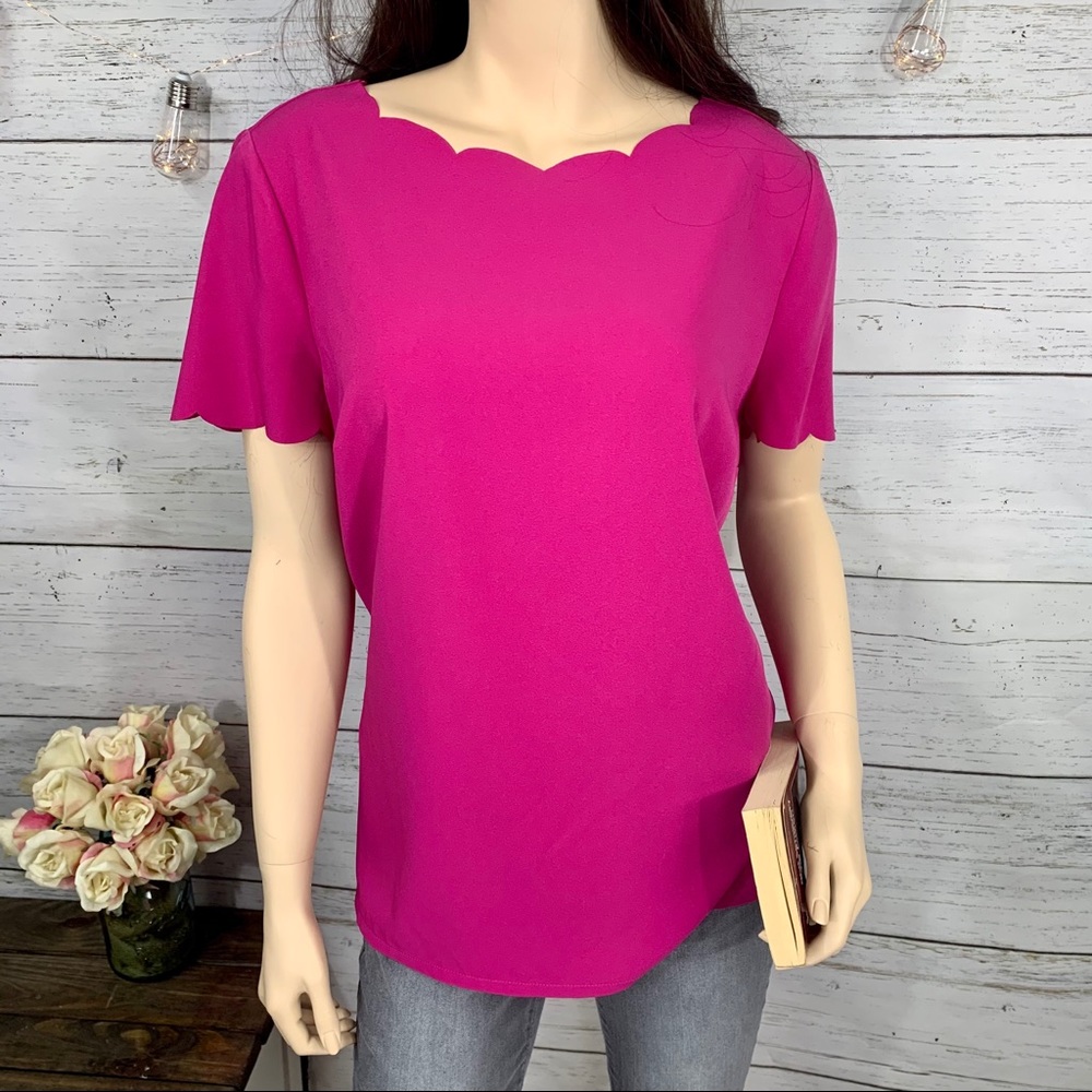 INVESTMENTS Pink Scalloped Neck Short Sleeve Top